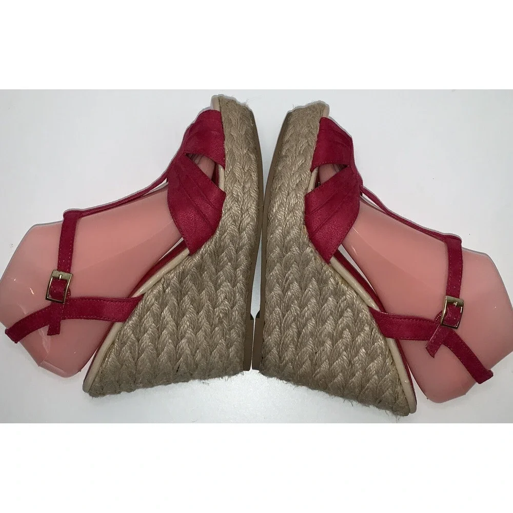 Wedge Sandals T-Strap Espadrille Platform Ankle Buckle Closure Women Size 9 Pink